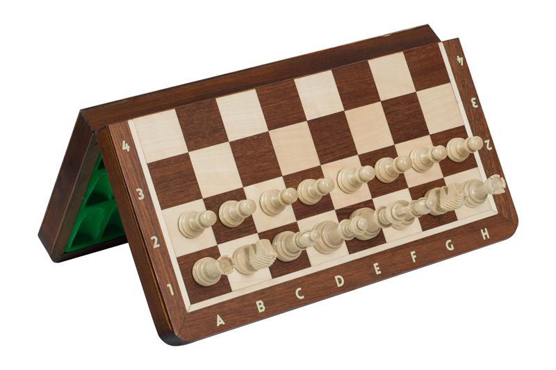 MAGNETIC medinis šachmatų rinkinys (28 x 28 cm), su dėklu figūroms, Intarsy